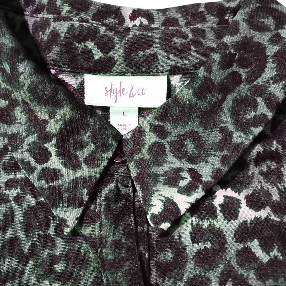 Style&Co Long Tunic‎ Top Tiered Ruffle L Green Black Animal Print Cheetah Y2K - Picture 6 of 7